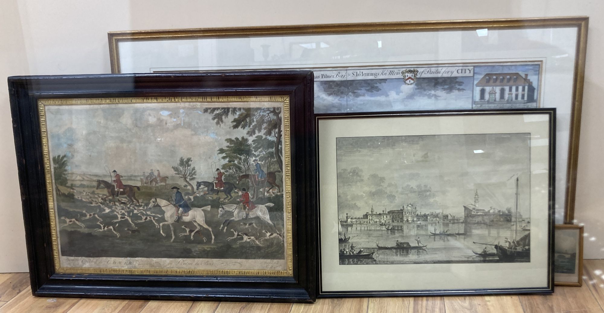 Two 18th century coloured engravings, Going to cover and View of Rochester, 37 x 52cm and 38 x 83cm, and three other prints